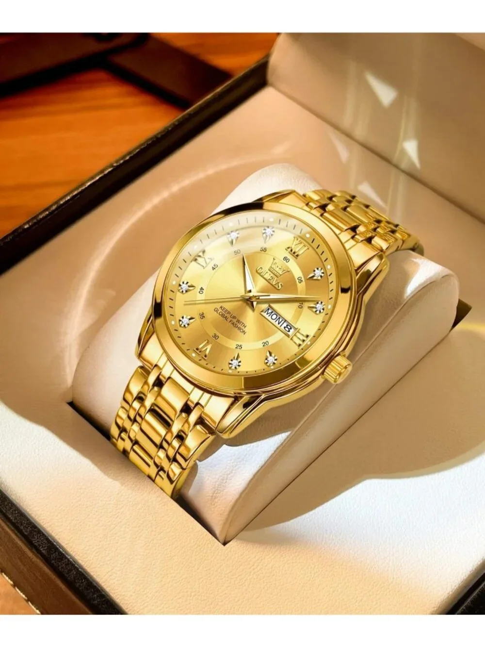 Olevs Men's Gold Diamond Wrist Quartz Stainless Steel Luminous Luxury Watch